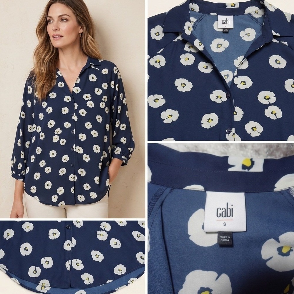Cabi Poppy Top Navy Blue Floral Button Front Blouse Style 5705 Womens Small